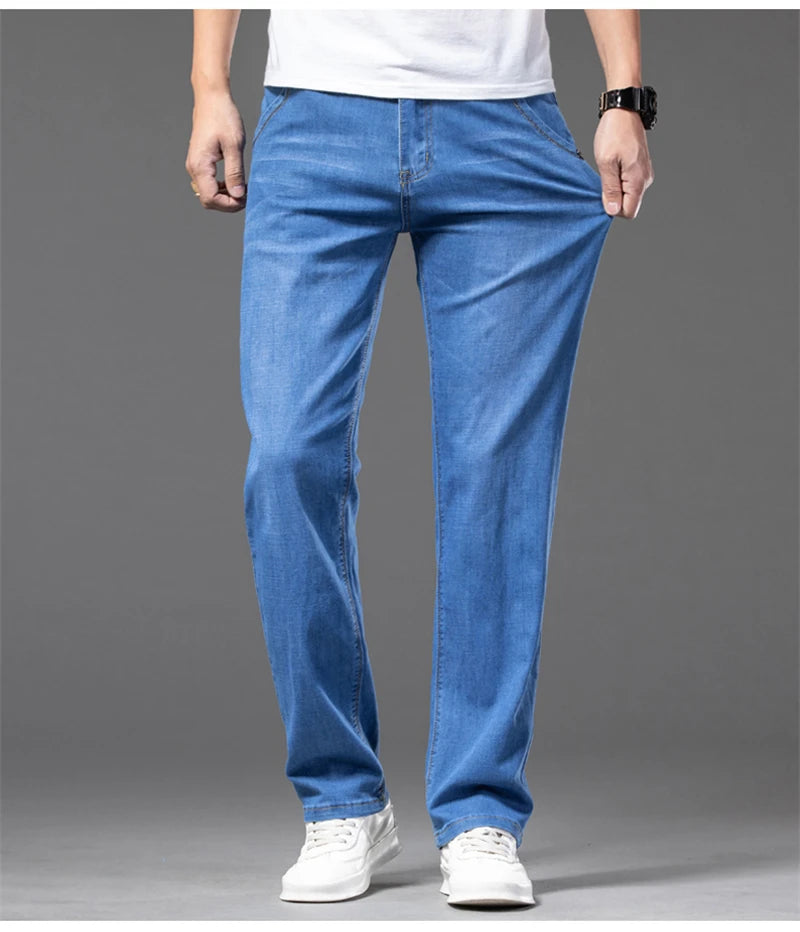 Large Size Men's Stretch Thin Jeans Summer Classic Black Blue Business Casual Straight Denim Pants Baggy Trousers 44 46