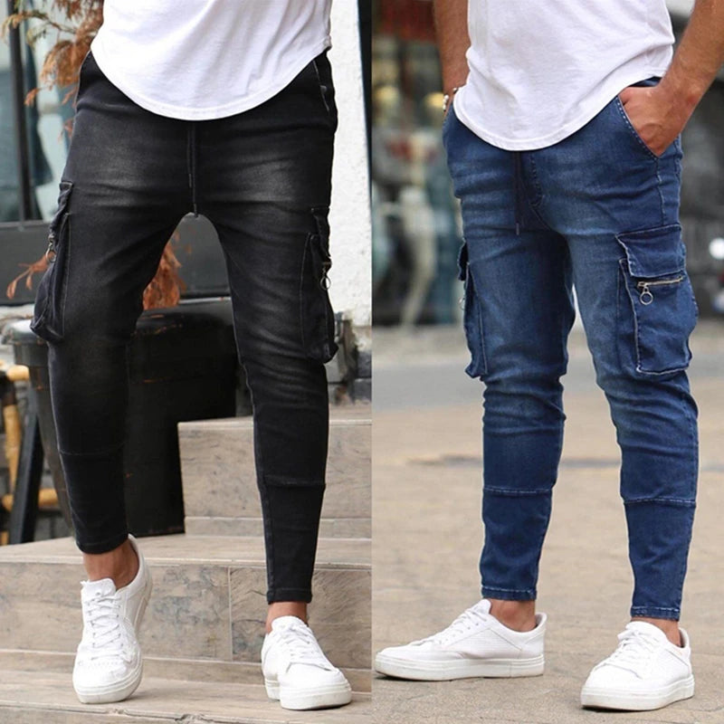 New Men's Slim Fit Stretch Jeans Casual Fashion Multi Pocket Cargo Denim Pants High Street Men's Jeans Work Hip Hop Trousers