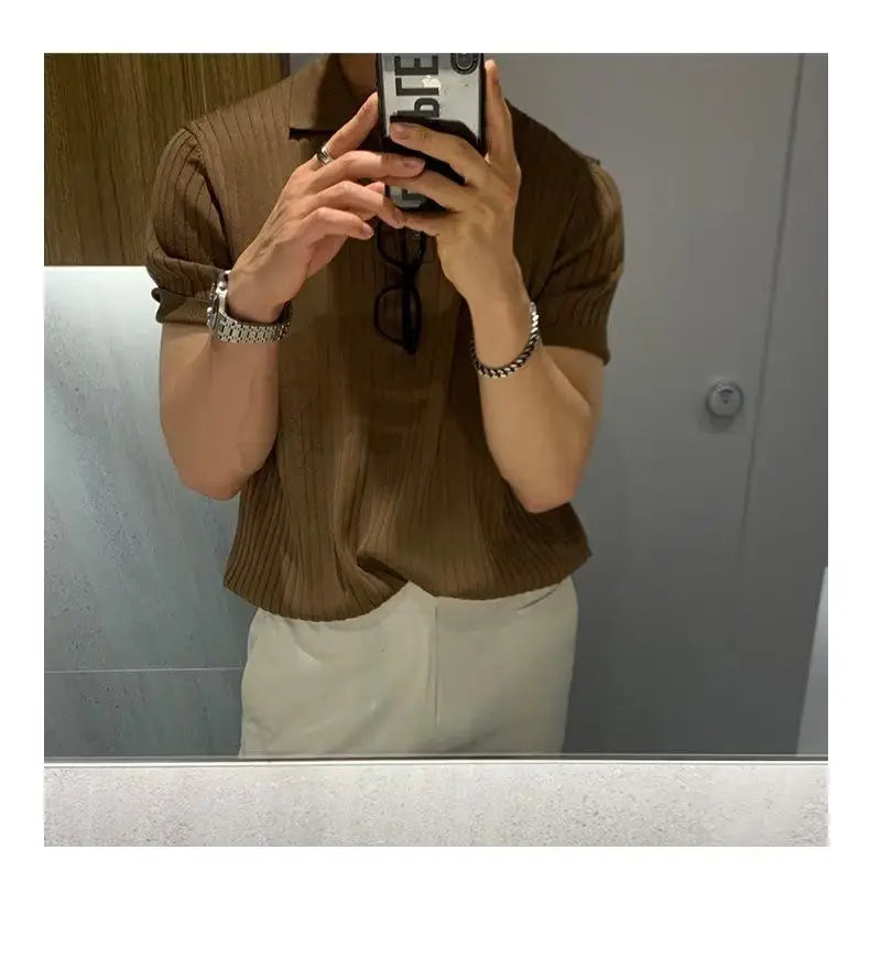 Solid Color Short Sleeve T-Shirt Men Breathable Comfortable 2024 Men's Clothing Knitted Polo Shirt Casual Striped Retro Button