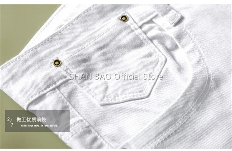 SHAN BAO Men's White Jeans 2022 Spring Summer Brand Clothing Cotton Elastic Comfortable Business Casual Lightweight Slim Jeans