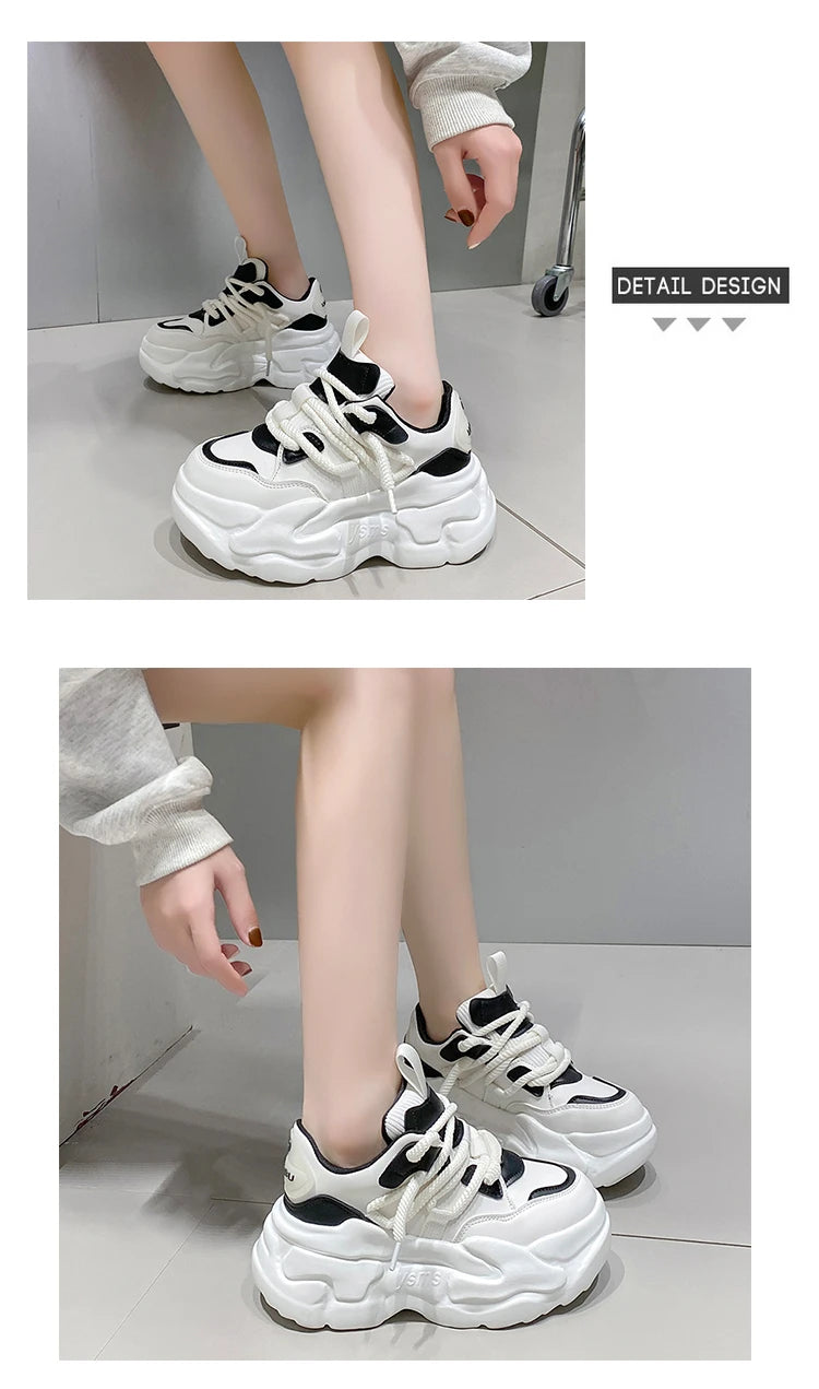 New Fashion High Platform Sneakers Women Spring Autumn Lace Up Comfort Ventilate Wedges Height Increasing Shoes Footwear