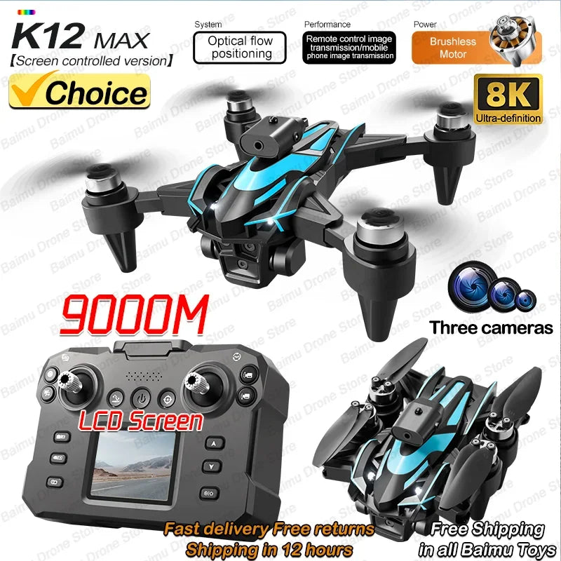 New Upgrade K12 Max Screen 8k Hd Three Camera Mini Drone Fpv Rc Quadcopte Brushless Obstacle Avoidance Aerial Uav Boy Toys