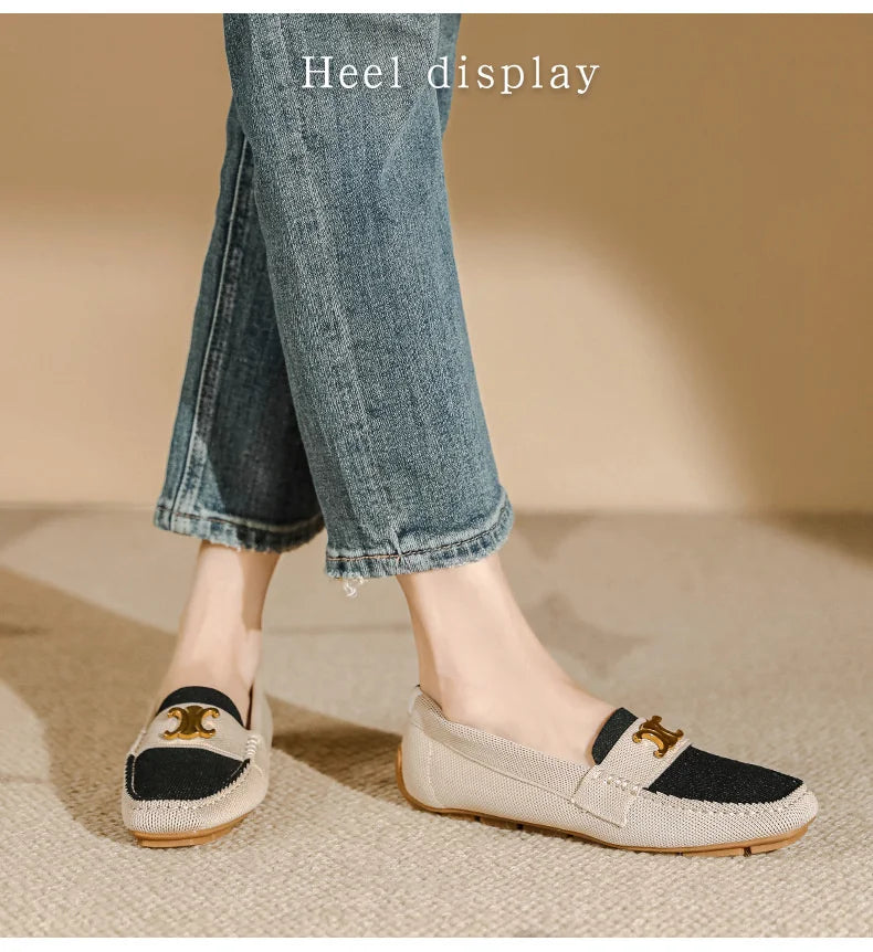 Women's Knitting Square Head Flat Shoes Soft Sole Comfortable Anti slip Casual Bean Causal Shoes 2024 Fashion New Spring