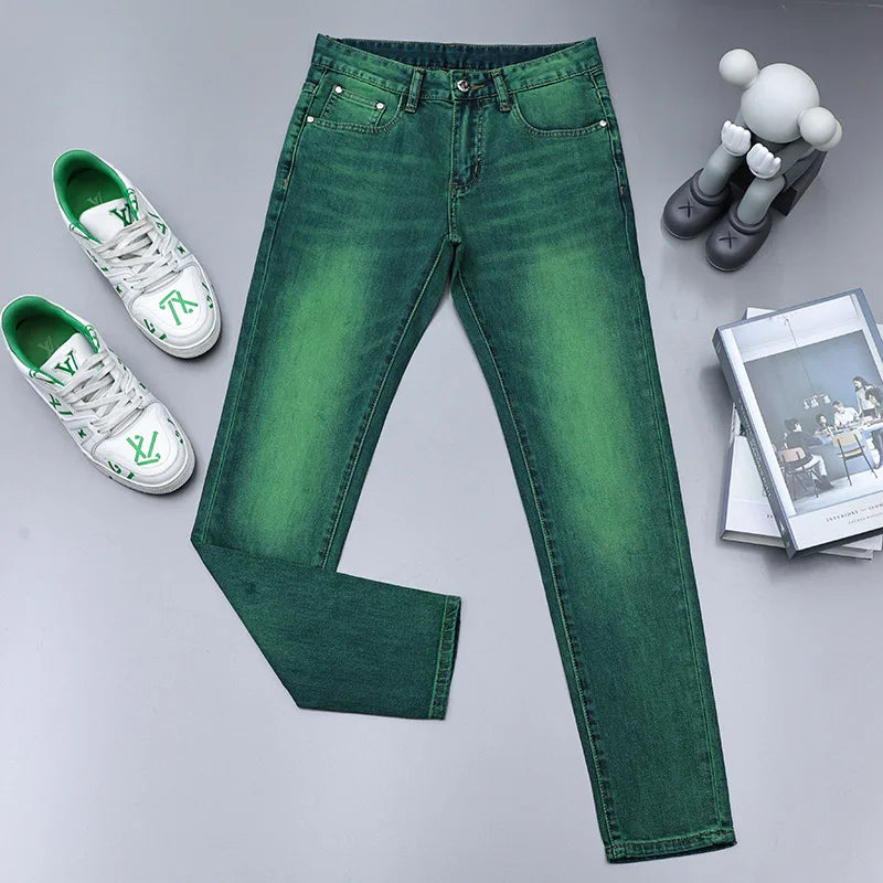 Emerald green jeans men's high-end affordable luxury fashion slim fit stretch personality all-matching straight long pants