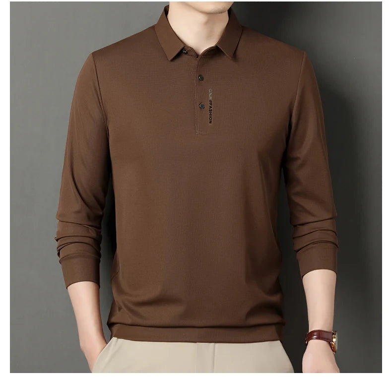 2024 Autumn New Men's Long-sleeved Polo Shirt Business Casual Slim Elastic Top Fashion Classic Solid Color Male Brand Tees