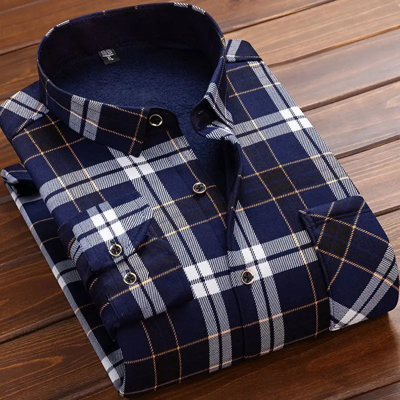 2024 Men's Autumn Winter Casual Fleece Plaid Shirt Fashion Soft Warm Turn Down Collar Long Sleeve Shirt Male High-Quality Tops