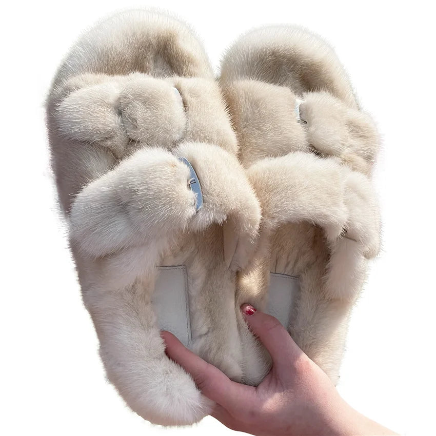 2024 New Women Fur Slippers Shoes Women Warm Winter Natural Fur Shoes For Women Slippers Casual Plush Comfortable Mink Slippers