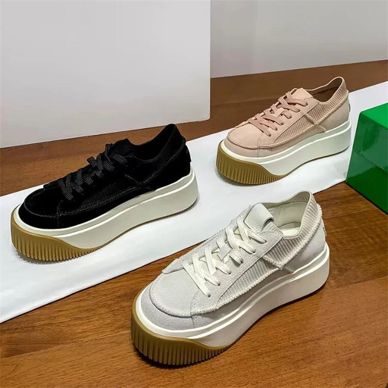 New Luxury Height Increase Flats Platform Shoes Women er Casual Sneakers Genuine Leather Lace-up Thick Sole Board Shoes