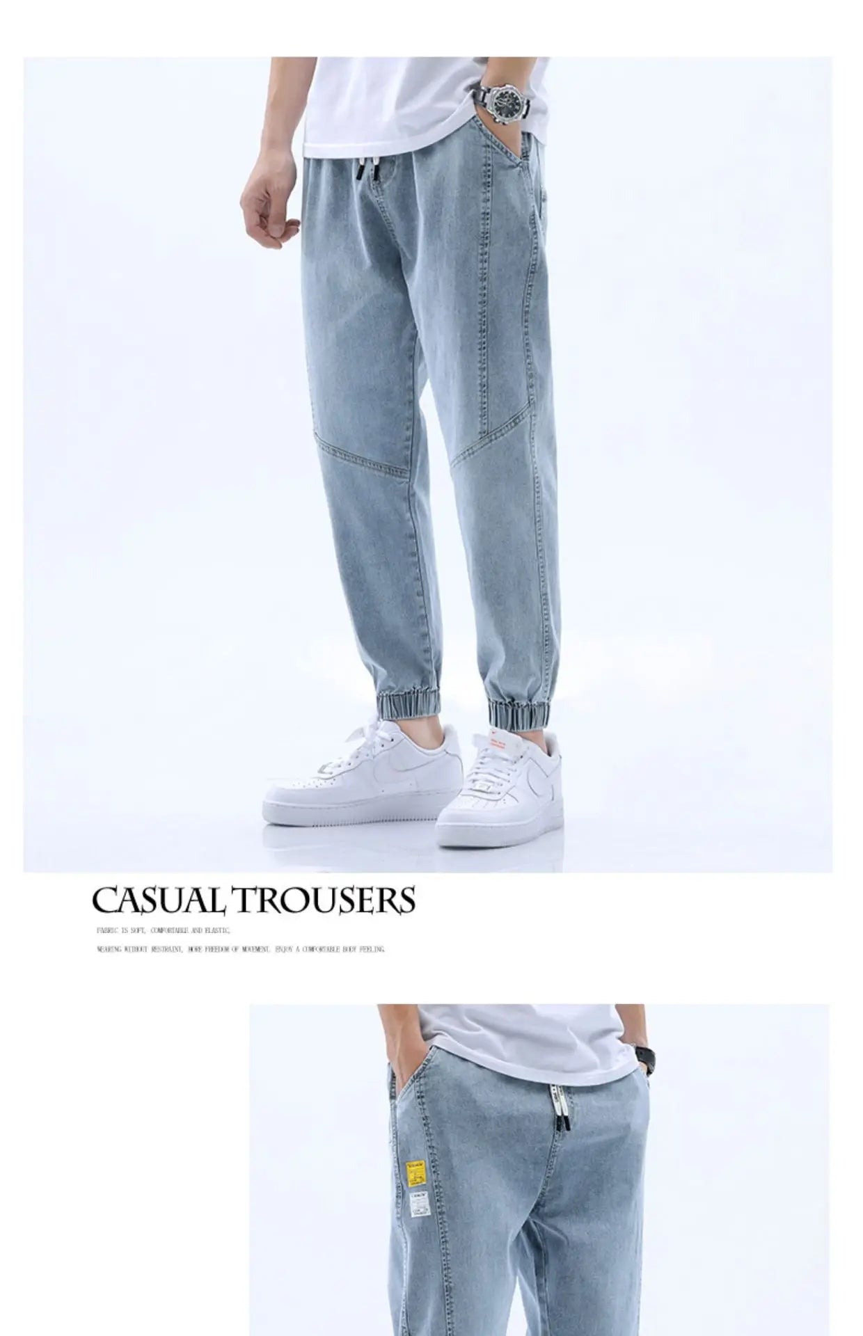 2024 Summer Men's Jeans Jogger Thin Harem Pants Cotton Banded Pant Korea Style Light Blue Hip Hop Beam Feet Casual Trousers Male