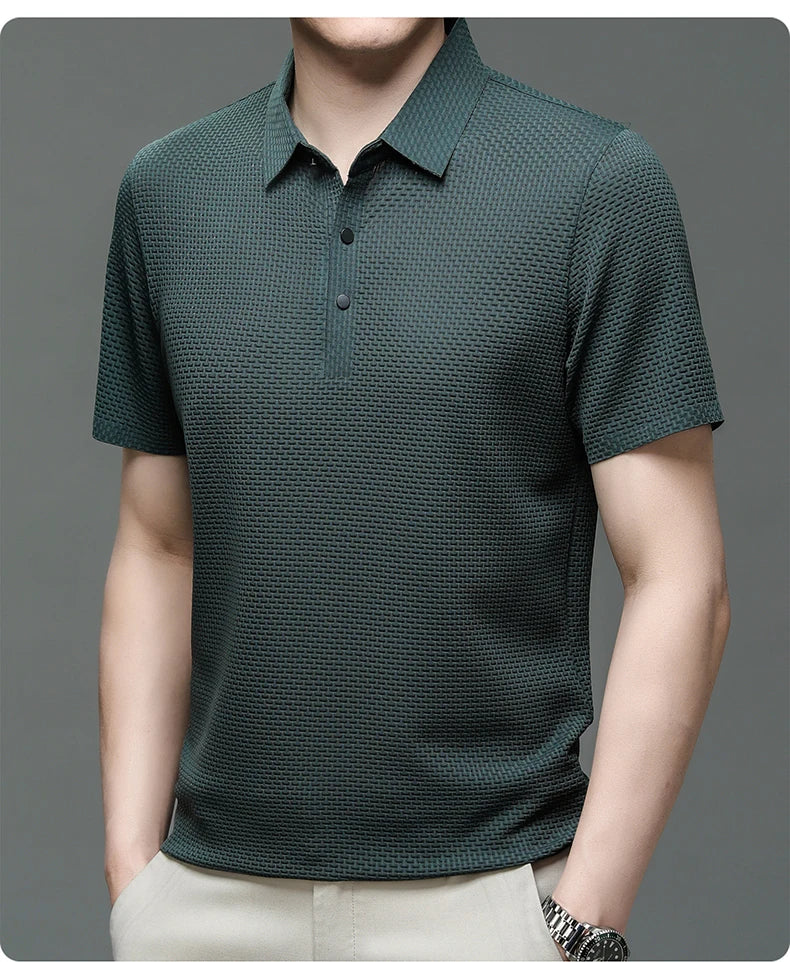 Summer New Men's Lop-up Hollow Short-sleeved Polo Shirt Ice Silk Breathable Business Fashion T-Shirt Male Brand Clothes