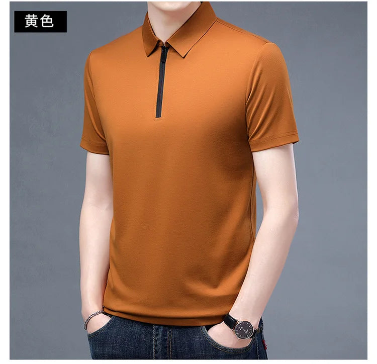 2023 Summer Men's Ice Silk Cool Polo Short Sleeve T-shirt Large Thin T-shirt Short Sleeve Polo Shirt Business Casual Shirt