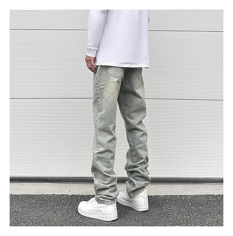 Streetwear Vibe Vintage Distressed Washed Trousers Jeans Yellow Mud Dyed Zipper Split Straight Jeans Men's and Women's Clothing