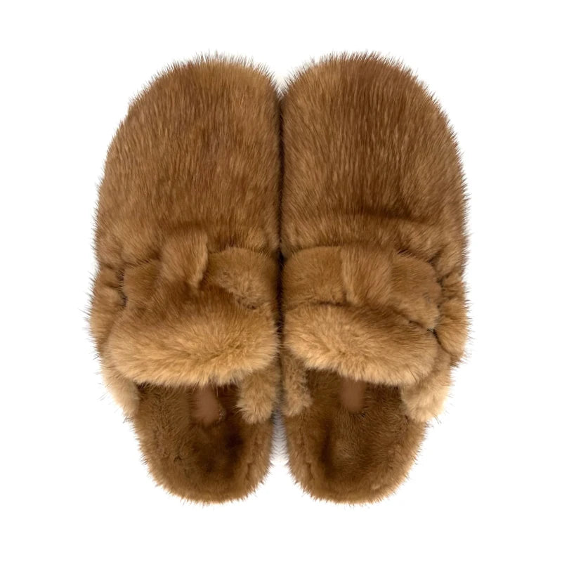 Real Leather Mink Fur Slippers Woman Luxury Flat Solid Color Horse Hair Round Toe Covered Toe Shoes Woman Designer Brand Casual