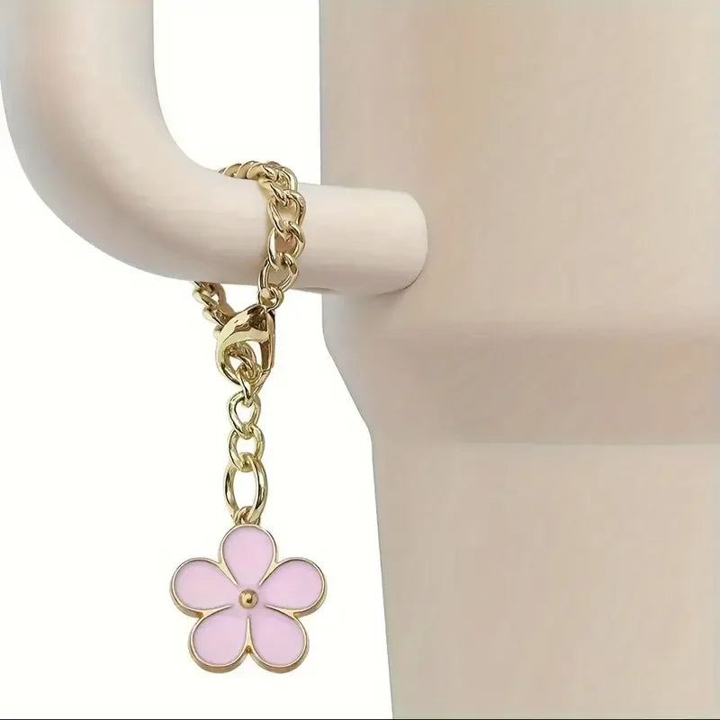 Flower Charm Chains Accessories for Stanley 20/30/40 oz Tumbler with 10mm Straw Topper and Glitter Protective Silicone Boot