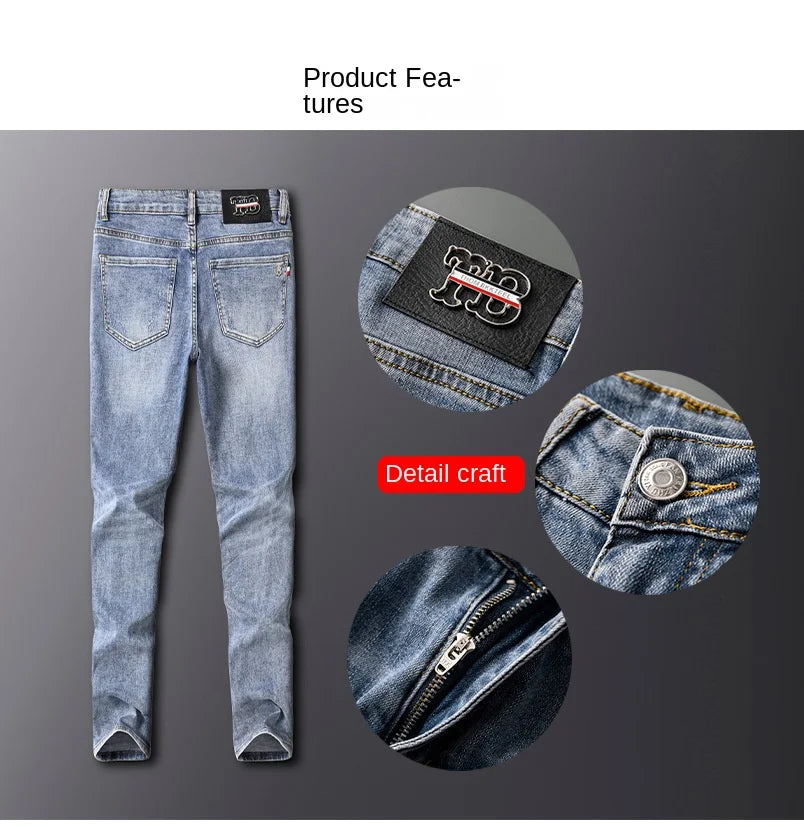 2024 Blue High-End Men's Jeans Spring/Summer Thin Trendy Fashion Printed Light Luxury All-Matching Business Casual Trousers