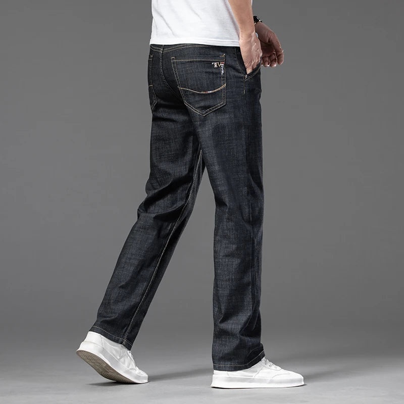 Large Size Men's Stretch Thin Jeans Summer Classic Black Blue Business Casual Straight Denim Pants Baggy Trousers 44 46