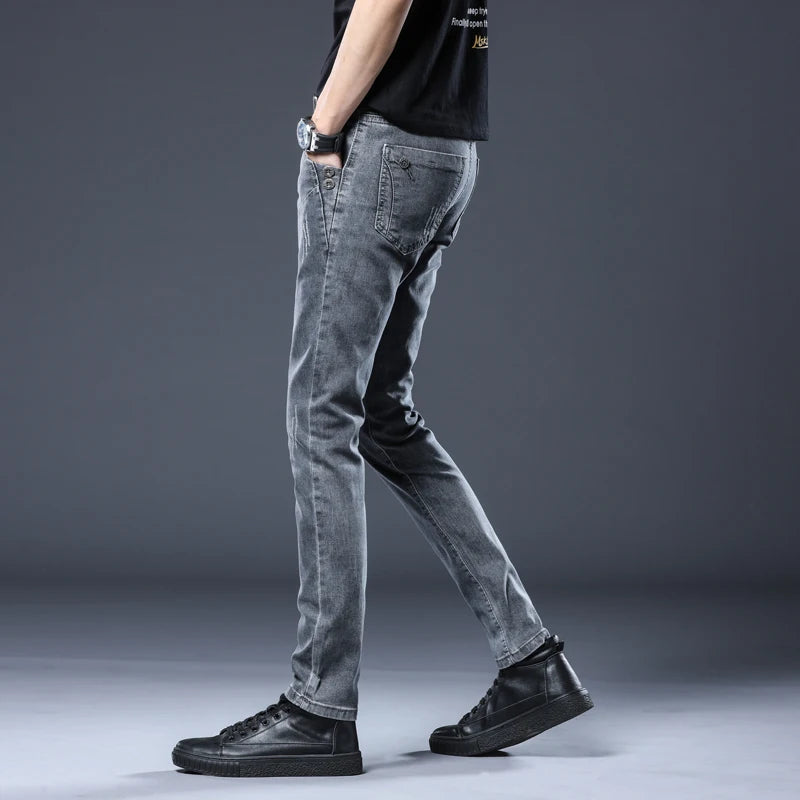 2024 New Gray Jeans Men's Slim Elastic Korean Fashion Vintage Casual Skinny Feet Male Clothing Denim Trousers 27-36