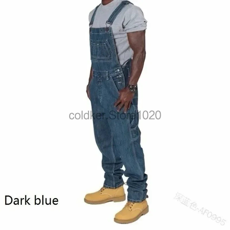 New Men's Denim Overalls Casual Multiple Pockets Loose Splice Straight Rompers Fashion Adjustable Suspenders Jeans For Male