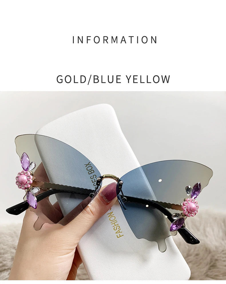 iboode Butterfly Shaped Sunglasses Diamond Frameless Sunglasses For Women Girl Exaggerat Frame Fashionable Retro Vintage Eyewear