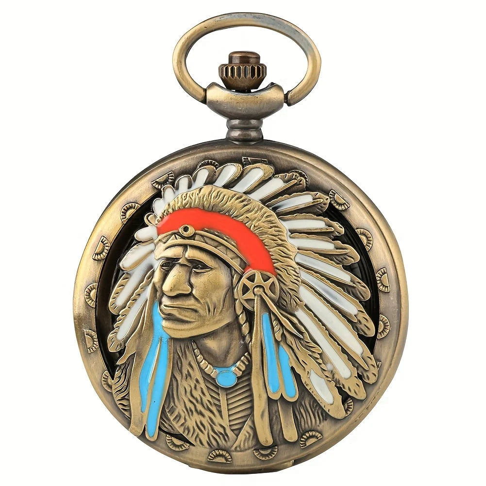 Retro Chief's Big Pocket Watch, Primitive Ethnic Tribe Portrait, Digital Pocket Watch Collection, Student Watch