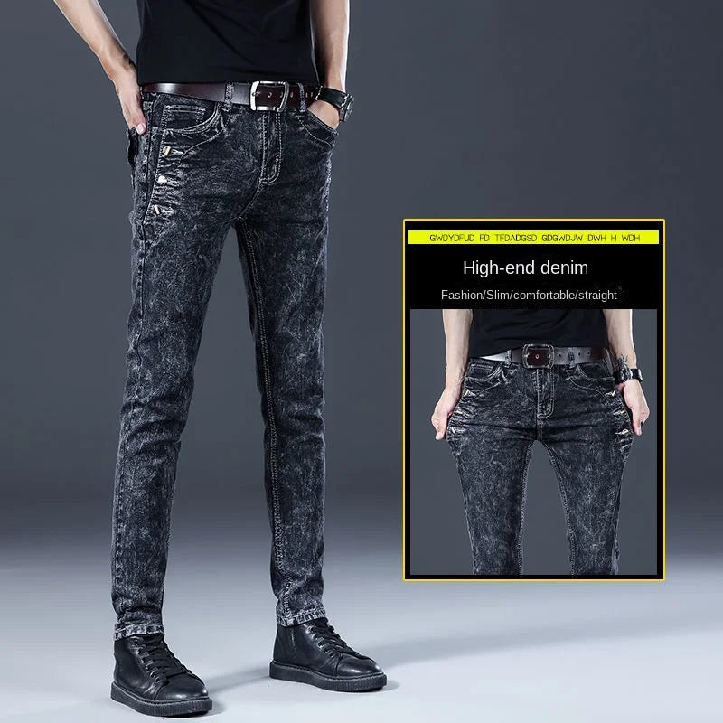 Fashion Stylish Korean Style Clothes Classic Kpop Streetwear Luxury Slim-Fit Smoke Gray Men's Jeans Casual Cowboy Pants for Men