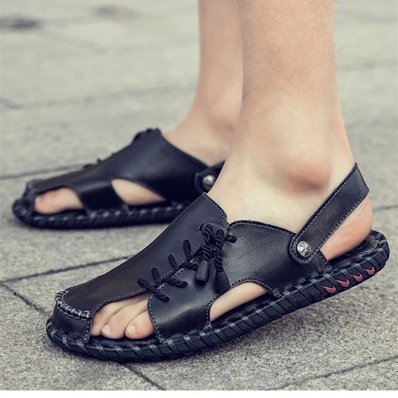 Summer Handmade Slippers for Men Soft Sole Casual Beach Sandals Sole Leather Shoes Tracing Dual purpose Large Size Men's shose