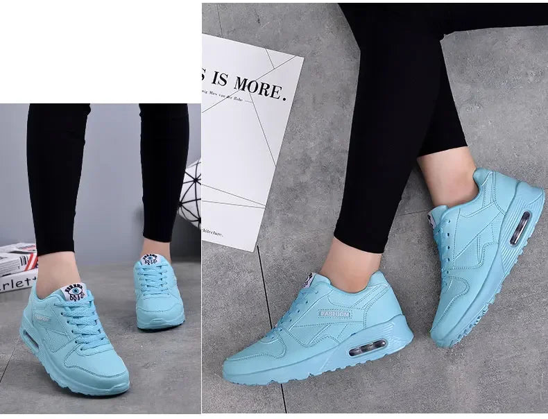 Women Fashion Sneakers Air Cushion Sports Shoes Pu Leather Blue Shoes White Pink Outdoor Walking Jogging Shoes Female Trainers