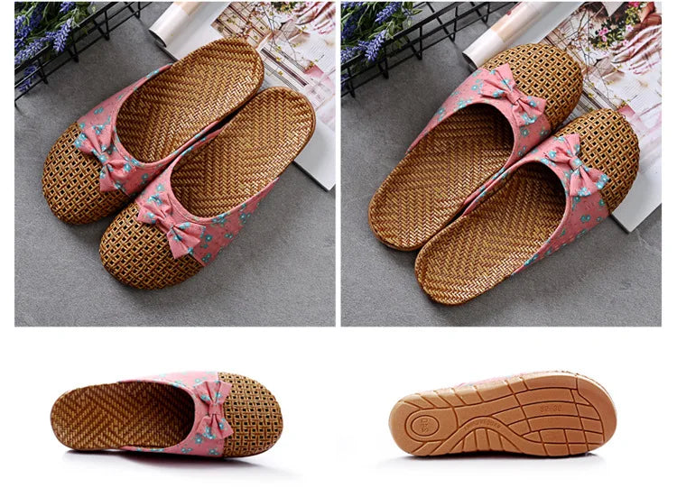 Women for Shose Slippers Summer Beach Flip Flops Breathable Linen Flat Slippers Female Casual Flax Bow Ladies Men Sandals