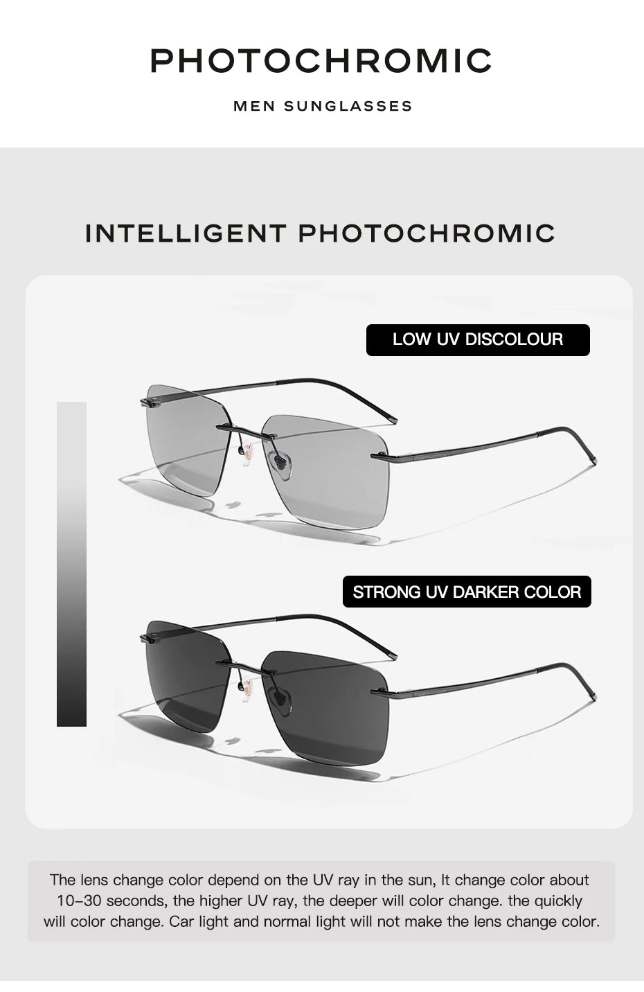 CAPONI Pure Titanium Photochromic Sunglasses Rimless Polarized Driving Men's Sun Glasses Ultra Light UV400 Brand Shades BS28923