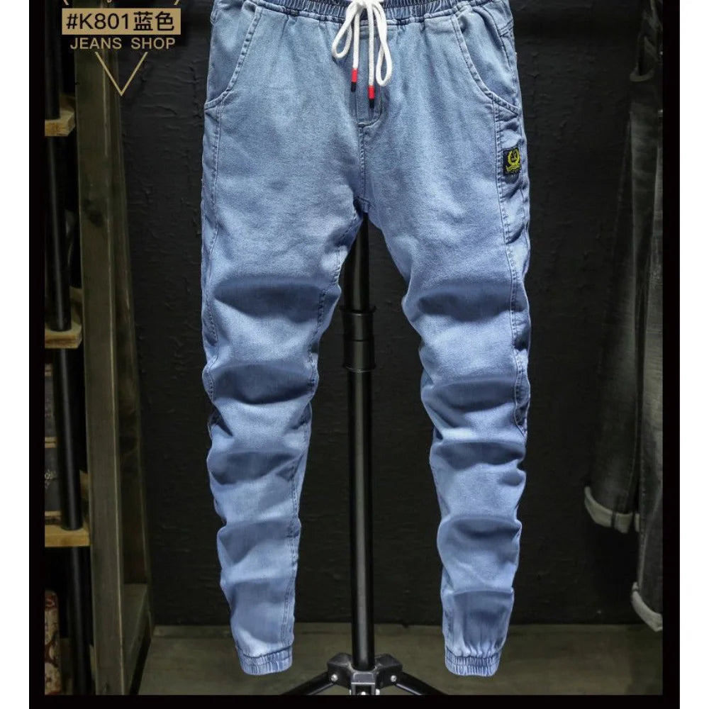 New Summer 2023 Drawstring Thin Luxury Men's Work Jeans Korean Style Clothes Streetwear Punk Casual Harem Jogger Denim Pants