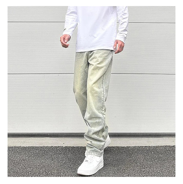 Streetwear Vibe Vintage Distressed Washed Trousers Jeans Yellow Mud Dyed Zipper Split Straight Jeans Men's and Women's Clothing