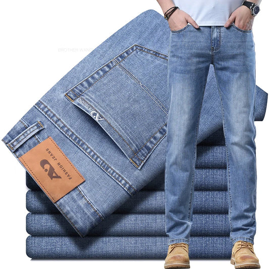 2024 Spring and Summer Thin Men's Light Blue Jeans Classic Style Business Fashion Stretch Fabric Straight Pants Male Brand