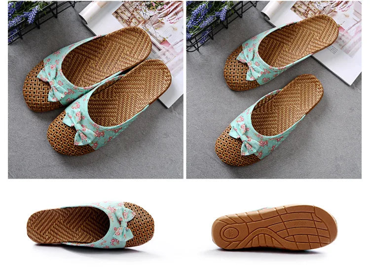 Women for Shose Slippers Summer Beach Flip Flops Breathable Linen Flat Slippers Female Casual Flax Bow Ladies Men Sandals