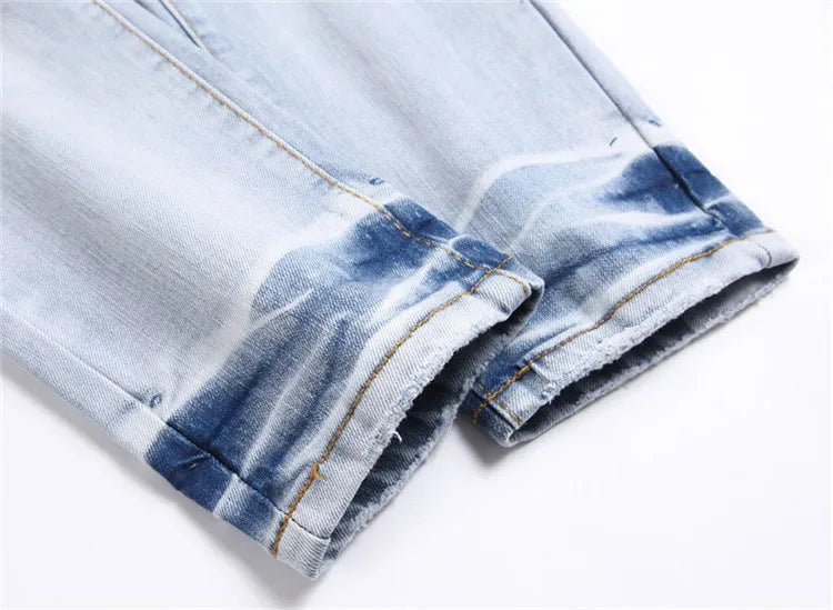 New Fashion Trend Blue Printed Jeans Mid-Waist Stretch Casual Slim Men's Denim Casual Pants