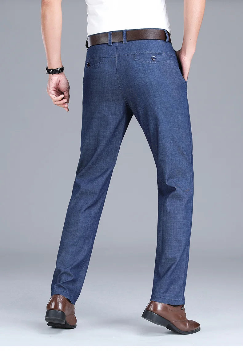 2023 Spring Summer New Men's Thin Light Blue Loose Jeans Business Fashion Lyocell Fabric Stretch Denim Trousers Male Brand Pants