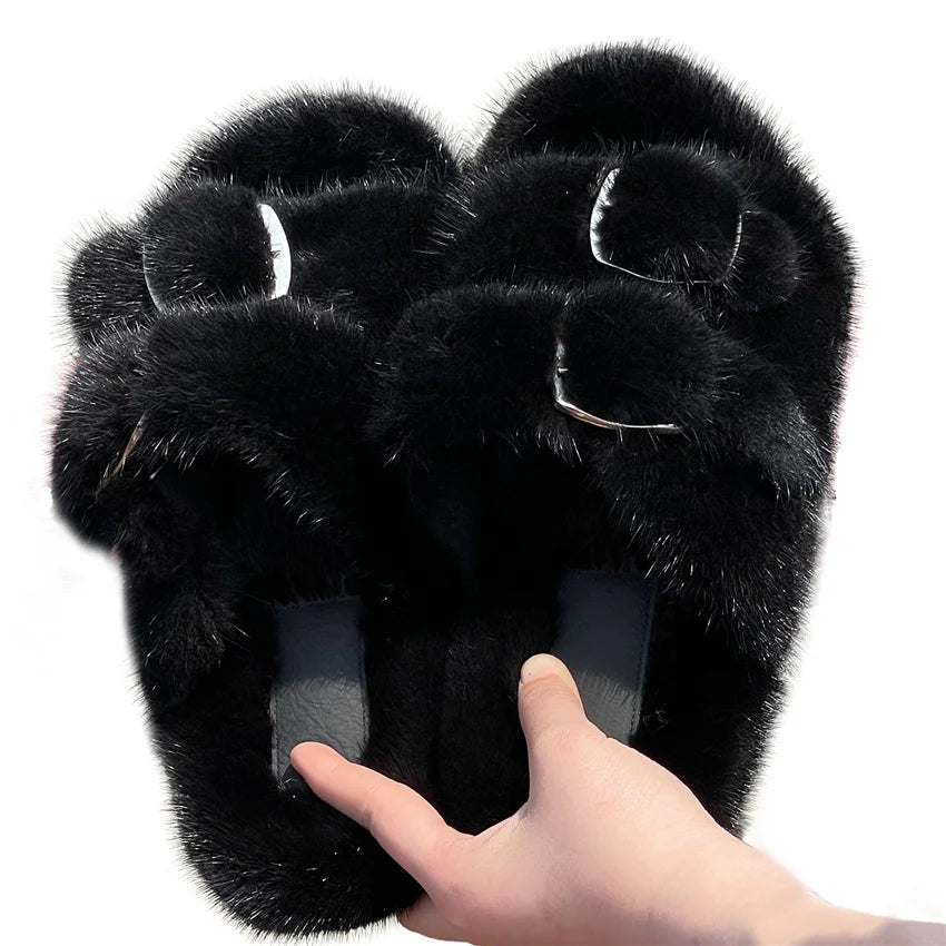 2024 New Women Fur Slippers Shoes Women Warm Winter Natural Fur Shoes For Women Slippers Casual Plush Comfortable Mink Slippers