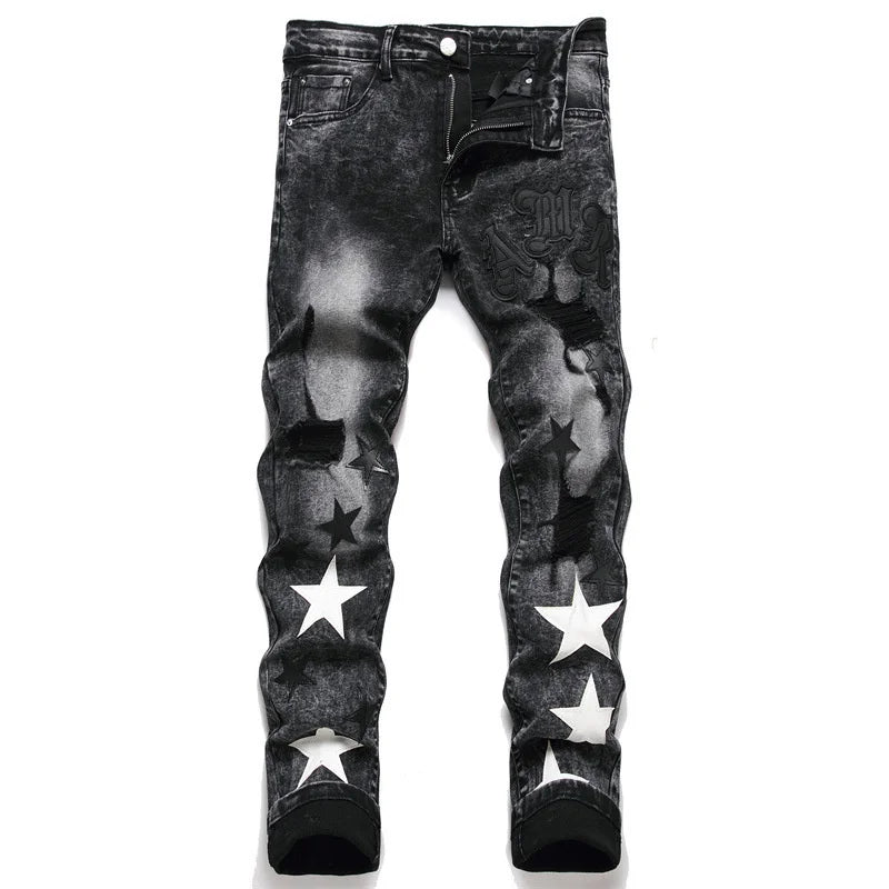 Slim Fit Elastic Black Cotton Embroidered Leather Label With Broken Hole Star Fashion Men's Jeans