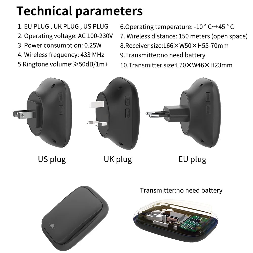 RF433MHz No Battery Homehold Wireless Self-Powered Waterproof Door Bell 150M Range Large Volume Remote Control Kinetic Doorbell