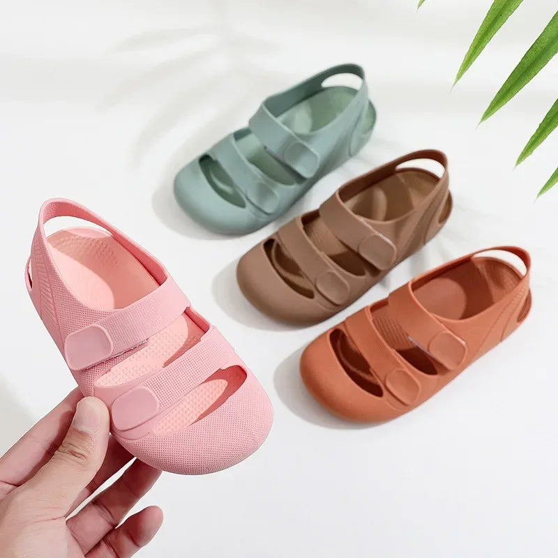 Children Sandals Hollow Out Closed Toe Beach Shoes Breathable Candy Color Roman Sandals for Boys Girls Soft Non-slip Kids Shoes