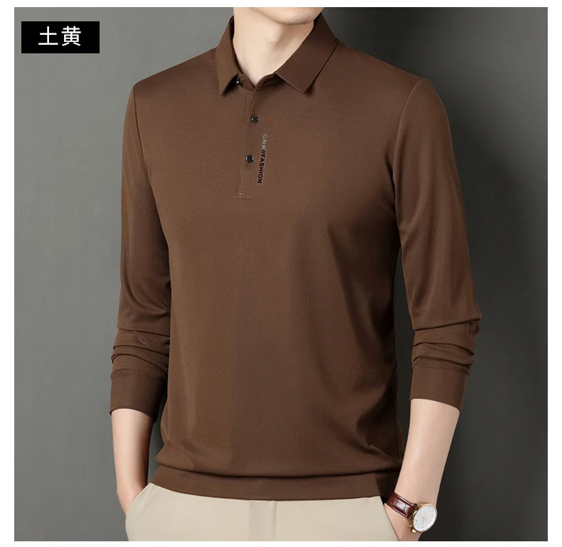 2024 Autumn New Men's Long-sleeved Polo Shirt Business Casual Slim Elastic Top Fashion Classic Solid Color Male Brand Tees