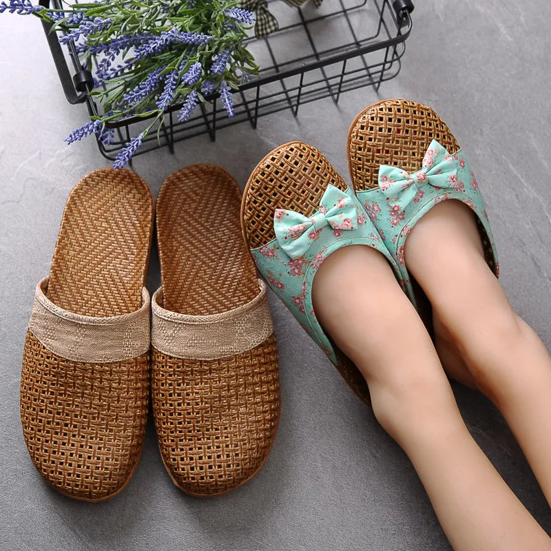 Women for Shose Slippers Summer Beach Flip Flops Breathable Linen Flat Slippers Female Casual Flax Bow Ladies Men Sandals