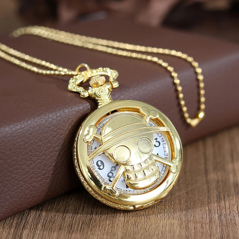 Fashion Gold Skull Head Hollow Out Quartz Pocket Watch with Necklace Chain Pendant Gift for Male Men Vintage Clock