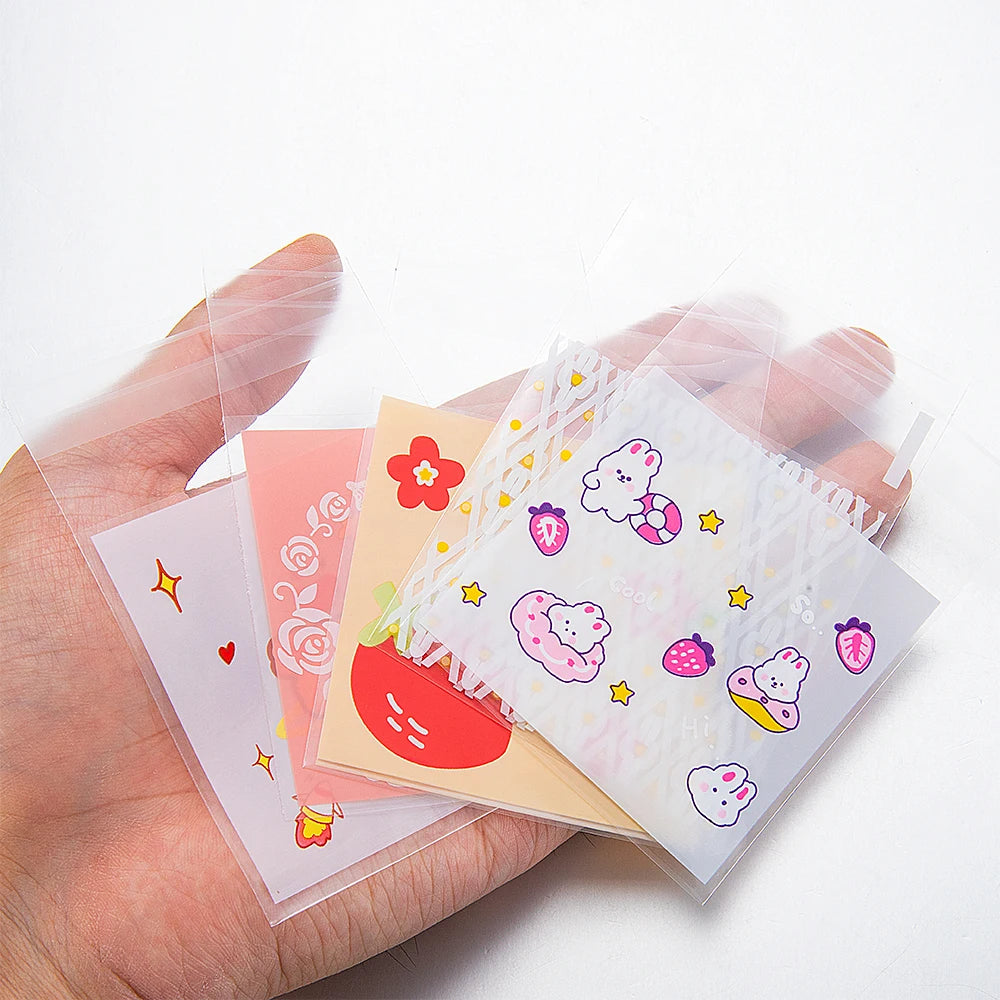 50pcs Cute Cartoon Print Adhesive Bags Transparent Self Sealing Plastic OPP Bags for DIY Jewelry Retail Dispaly & Packaging