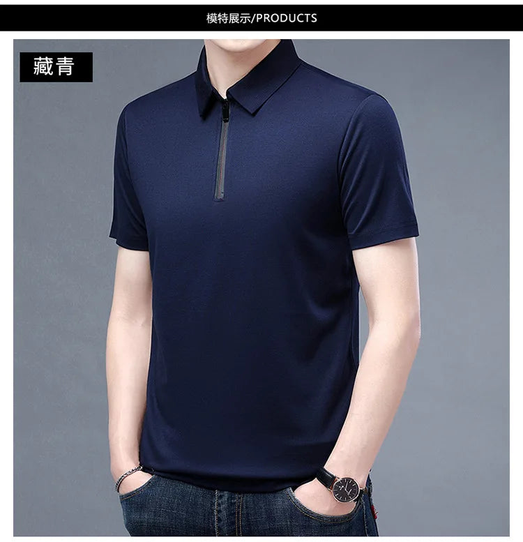 2023 Summer Men's Ice Silk Cool Polo Short Sleeve T-shirt Large Thin T-shirt Short Sleeve Polo Shirt Business Casual Shirt