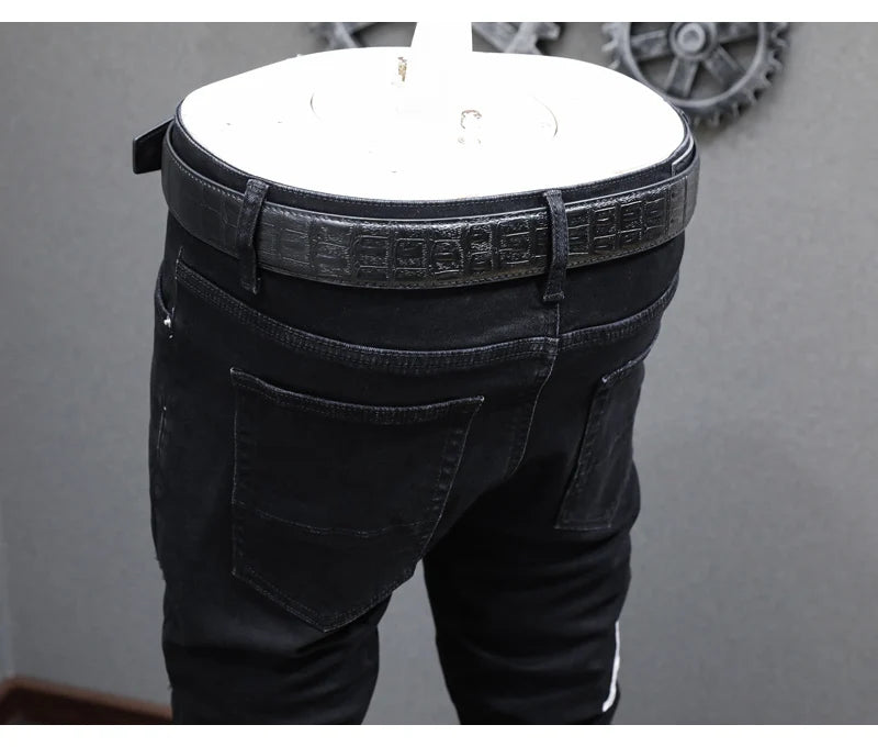 High street fashion new black men's jeans stretch slim fit retro washed embroidered jeans designer hip-hop brand pants hombre