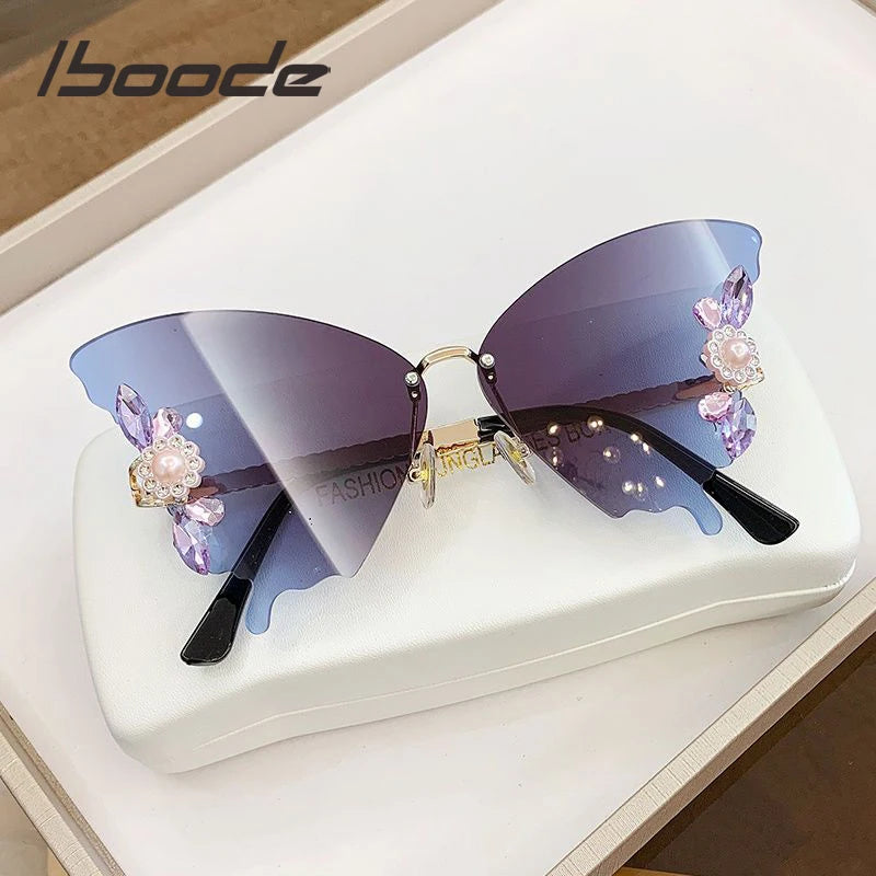 iboode Butterfly Shaped Sunglasses Diamond Frameless Sunglasses For Women Girl Exaggerat Frame Fashionable Retro Vintage Eyewear