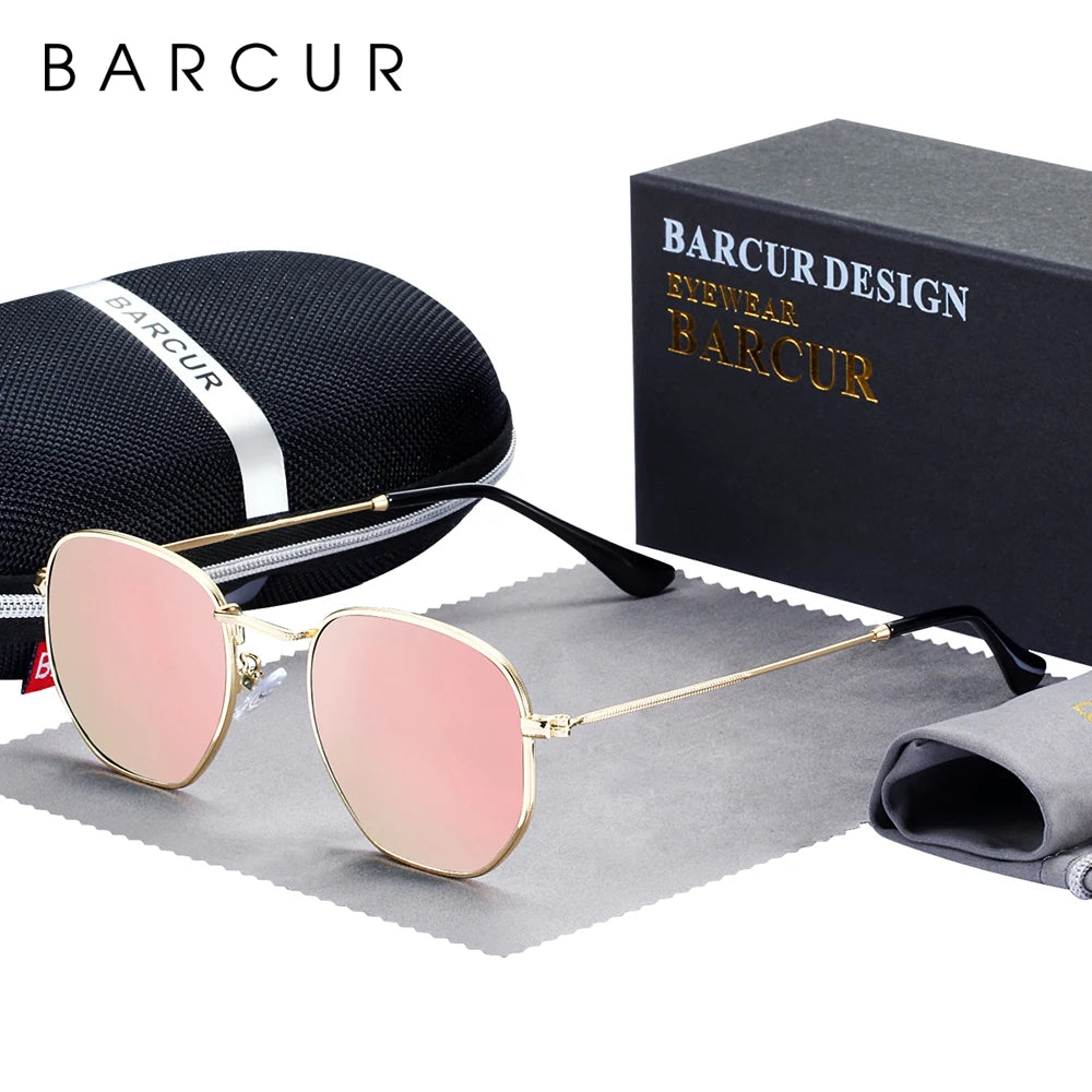 BARCUR Classic Retro Reflective Sunglasses Man Hexagon Sunglasses Metal Frame Eyewear Sun Glasses With Box Oculos De Sol gafas