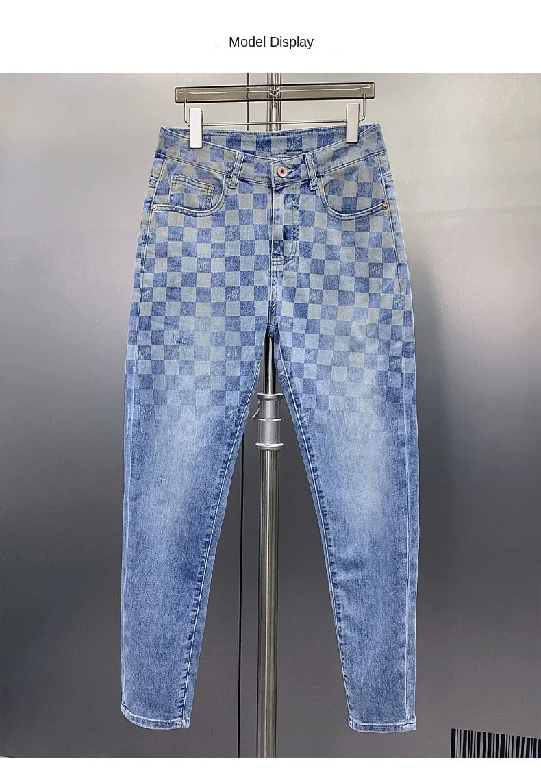 New Jeans Men'S Plaid Print Straight Fit Men'S Pants Blue Fashion Designer Casual Everything With Street Cotton Denim Pants