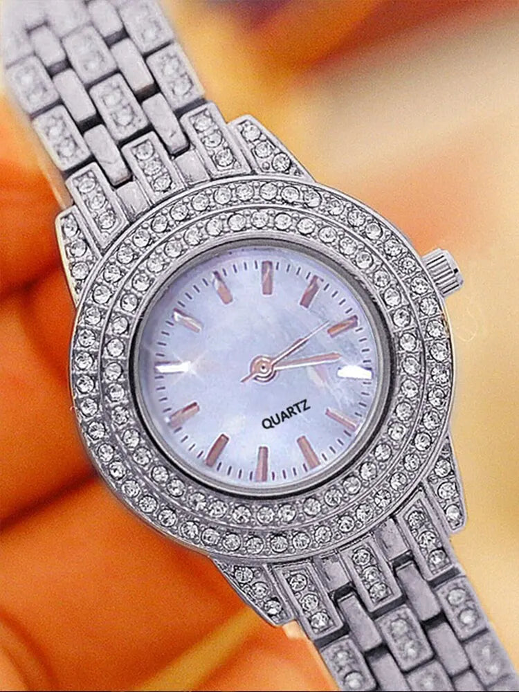 3PCs Women's Sparkling Round Diamond Band Quartz Watch+Bracelet Combination Set