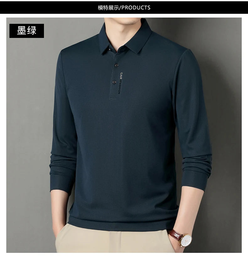 2024 Autumn New Men's Long-sleeved Polo Shirt Business Casual Slim Elastic Top Fashion Classic Solid Color Male Brand Tees